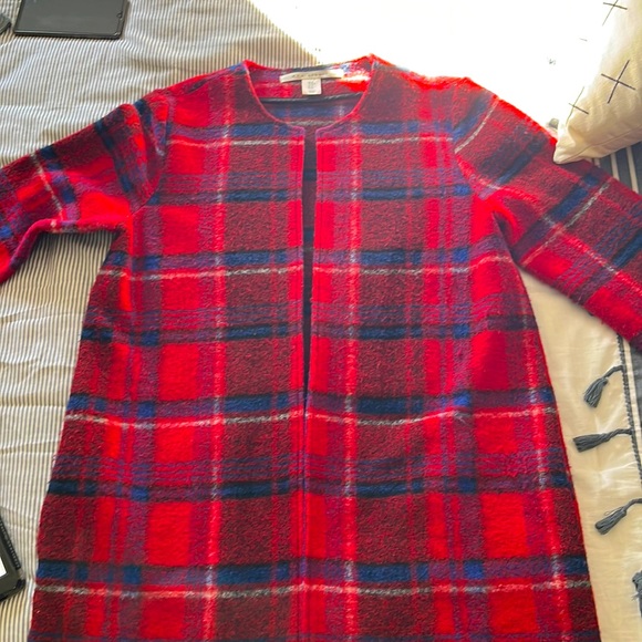 Max Studio Wool Plaid Jacket Open Front. Size M. Red with blue, black and white. - Picture 2 of 5